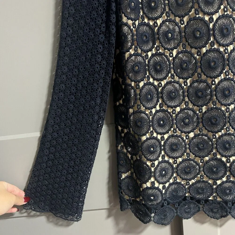 Tory Burch Janeen Circle Eyelet Crochet Boat Neck L/S Blouse Top Navy Blue 8
